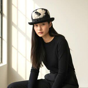 Vintage Neumann Endler Fair Field Black Wool Bowler Hat White Black Feathers EUC